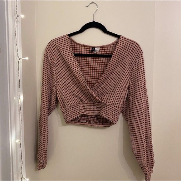 H&M Pink Plaid Crop Wrap Top - Picture 4 of 7
